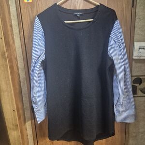 Lane Bryant Black Pullover with Blue-White Striped Sleeves.  Box 38